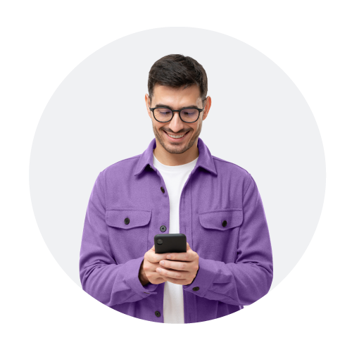 Guy in purple shirt on phone in a circle