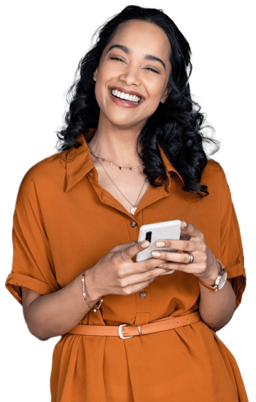 Smiling woman holding her phone